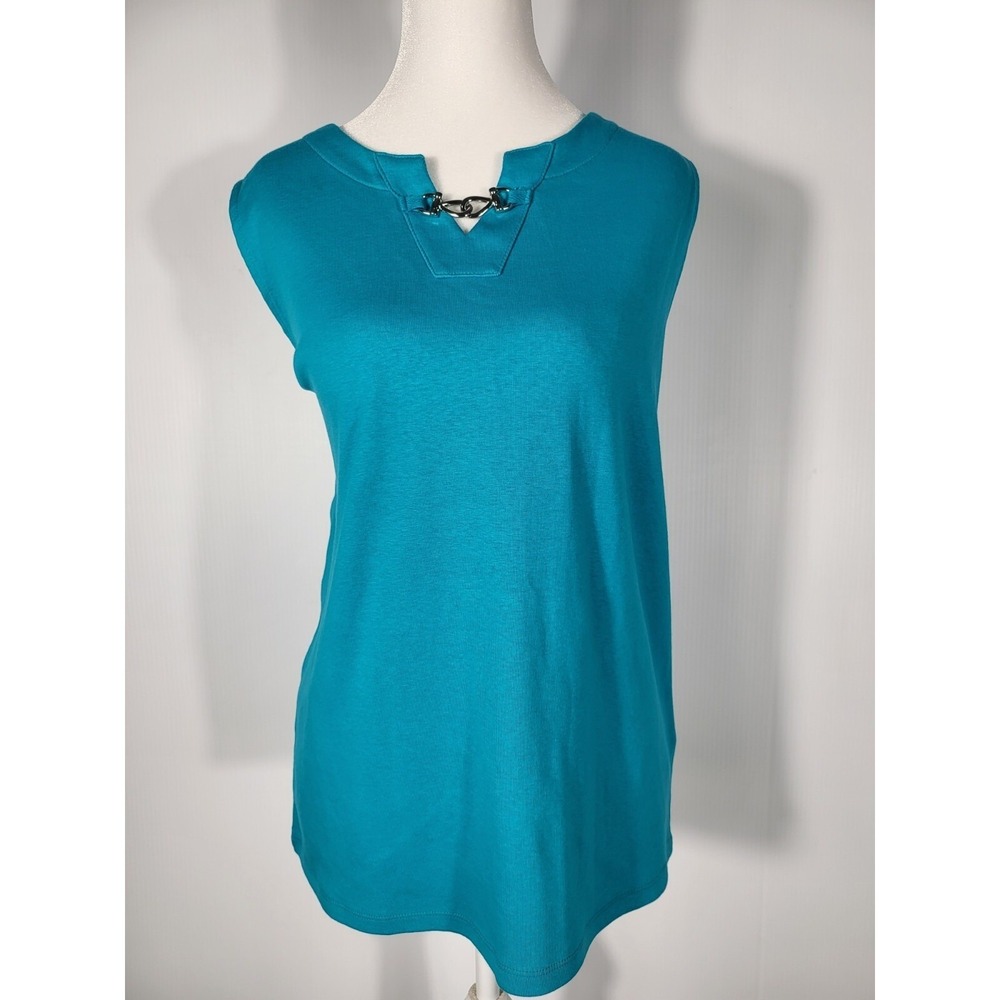 Rafaella Studio Womens XL Surf Teal Sleeveless Top Chain Detail Cotton Rib New